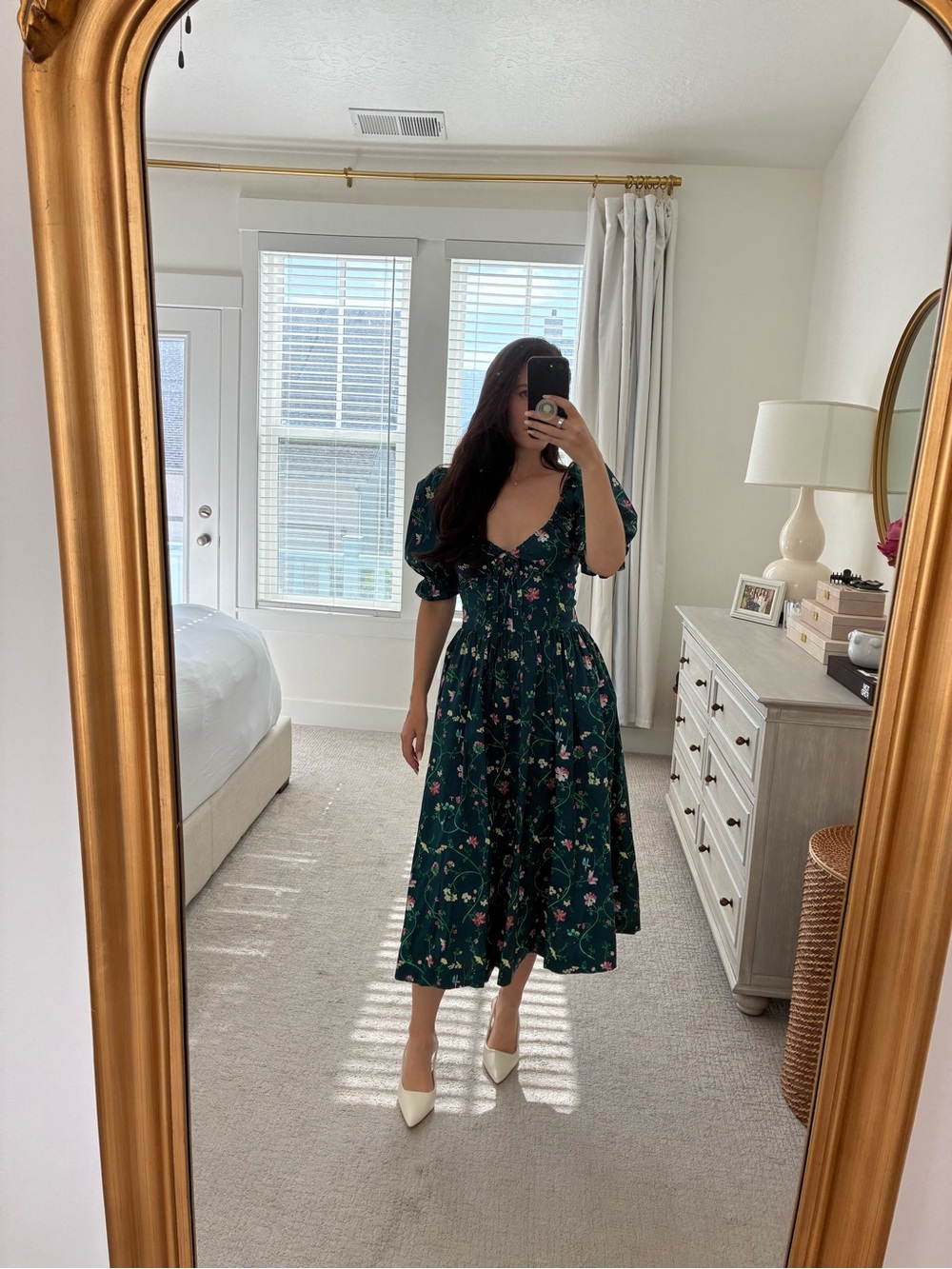 Hill House Floral Puff-Sleeve Maxi Dress in Forest Green with Pink Accents - Picture 5 of 7